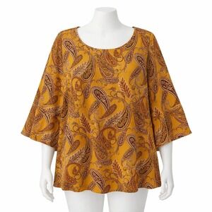 Rose & Olive Womens Yellow Paisley Boho Top 2X Lightweight Pull-On 3/4 Sleeve